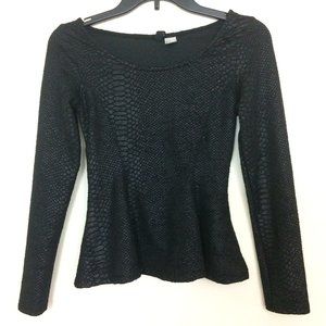 H&M Divided Women Black Long Sleeve Top Snakeskin Textured Blouse Size XS Shirt